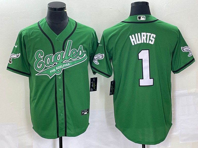 Men's Philadelphia Eagles #1 Jalen Hurts Green Cool Base Stitched Baseball Jersey